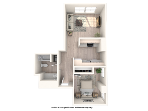 Floor plan for 1 bed, 1 bath, 630 sqft